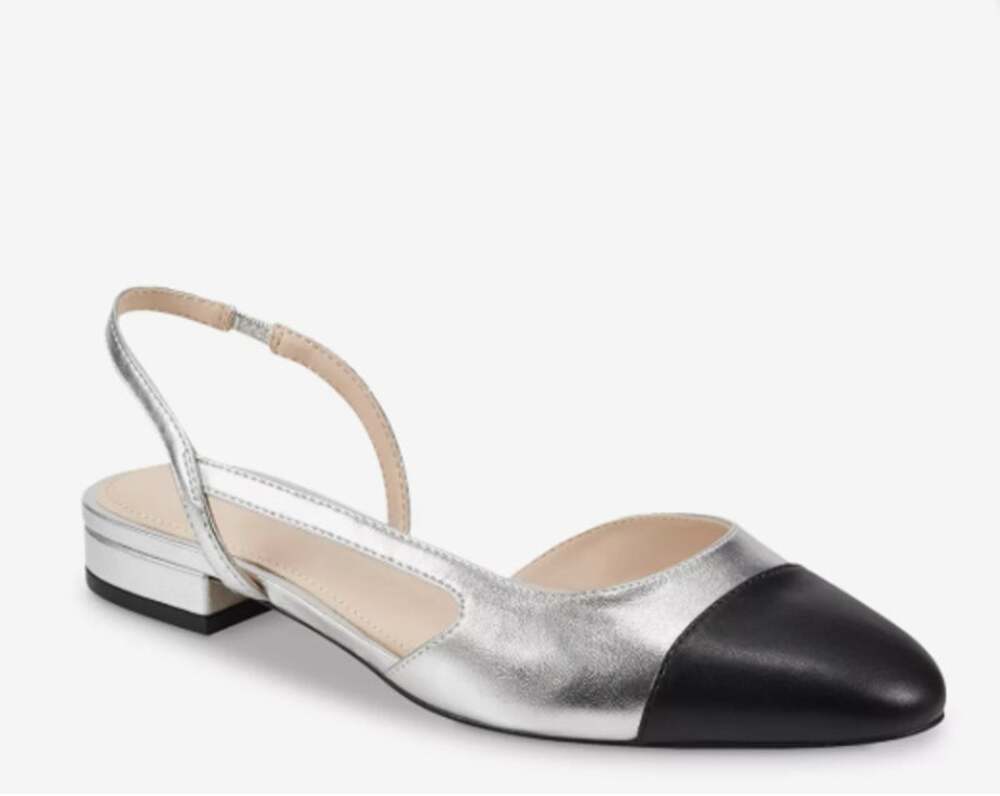 Marc Fisher Dela Closed Toe Slingback Dress Flat Silver Black Sz 7
